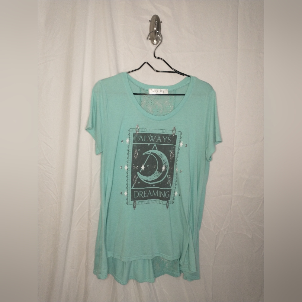 Women's Short Sleeve Graphic Shirt Wound Up Size XL Teal with Lace Detail